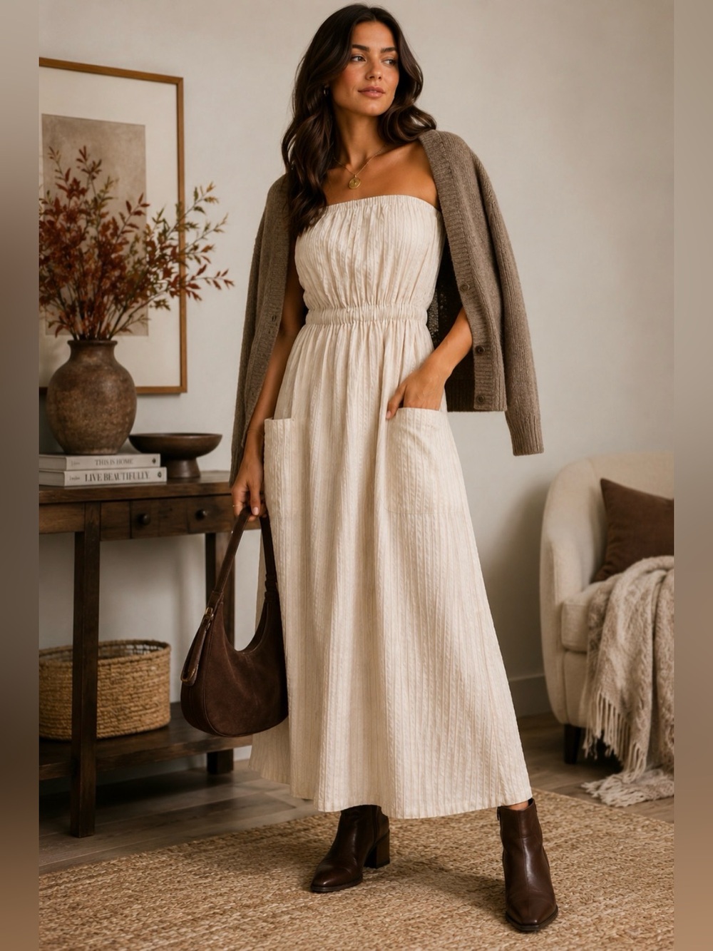 Urbanovitch NWT Strapless Textured Cream Maxi Dress Pockets S/M